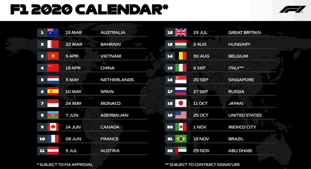 F1 com calendário inédito para 2020