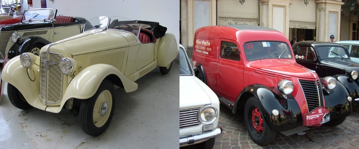 À esquerda um Adler Trumpf Junior Sport, e à direita um Fiat 1100a Furgoncino, o carro que doou o seu chassis ao primeiro modelo da FAP