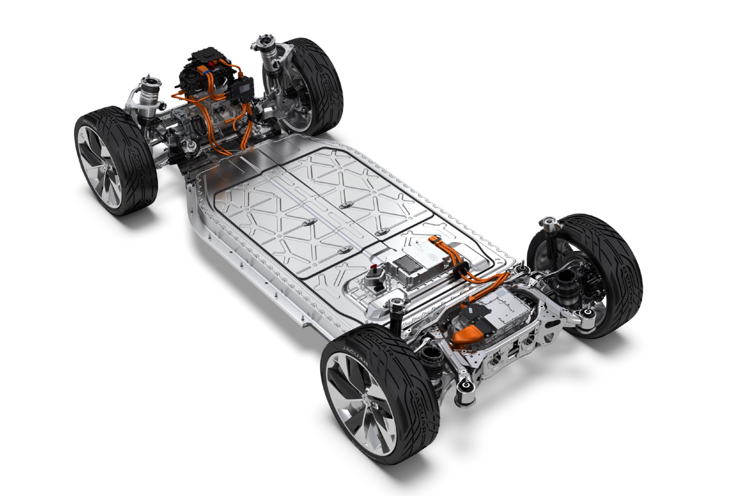 Aqui a plataforma de um Jaguar i-Pace, que tal como grande maioria dos carros elétricos, acomoda desta forma a sua bateria