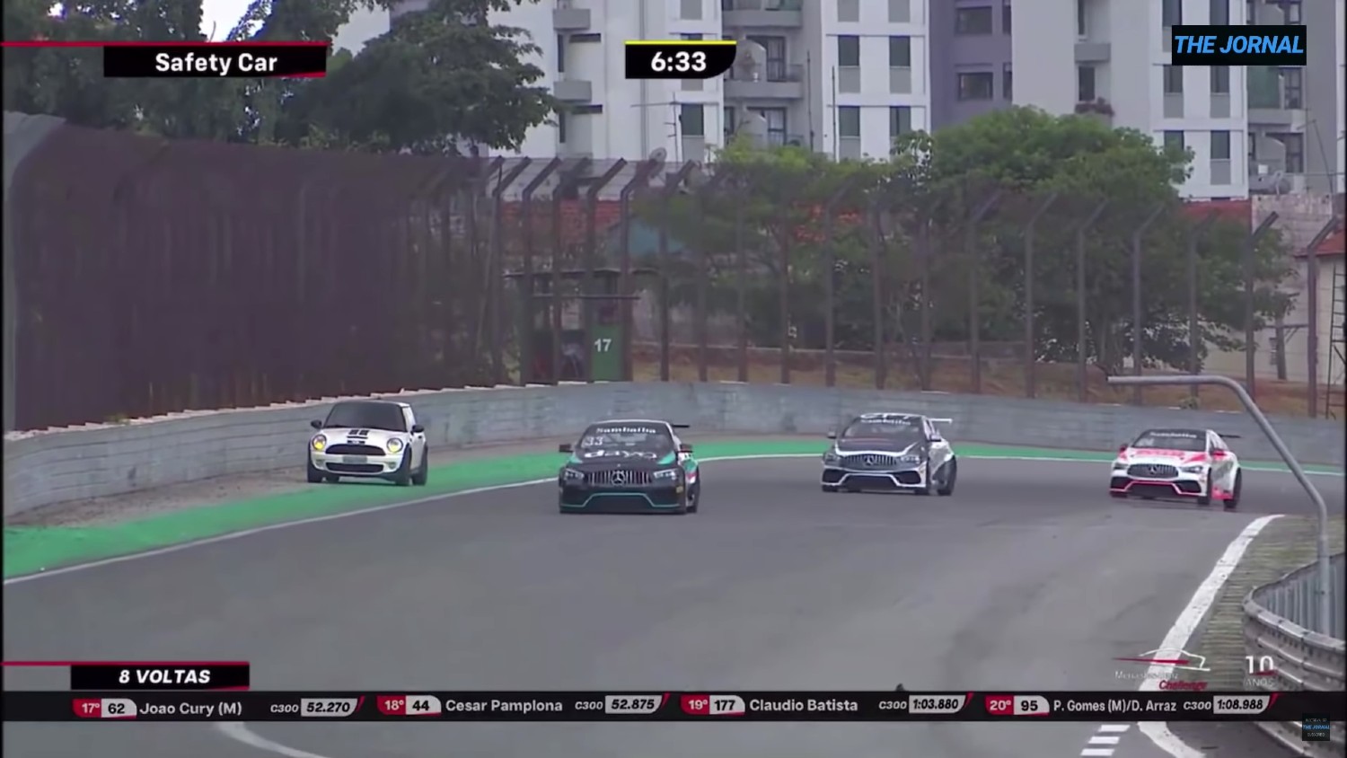 Não se sabe donde, um Mini apareceu na pista, durante uma corrida Mercedes, em Interlagos